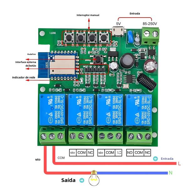 Imagem de Módulo Interruptor Wi-Fi Inteligente para Motor - 5V/12V/32V/220V - Controle Remoto 4 Canais