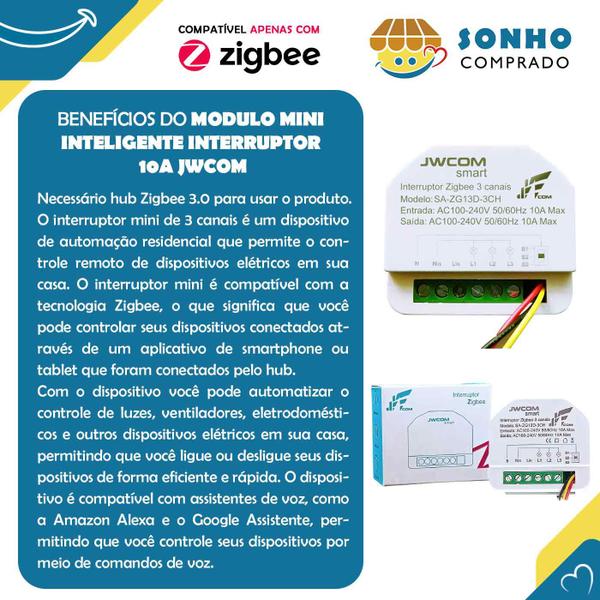 Imagem de Modulo Mini Inteligente Interruptor 10A 3CH Zigbee JWCOM SA-ZG13-3CH