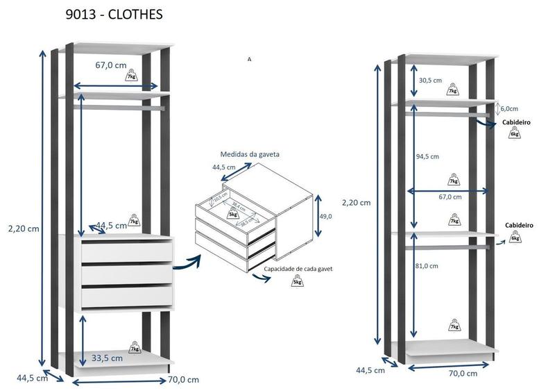 Imagem de Módulo para Closet 3 Cabideiros 3 Gavetas Be Mobiliário