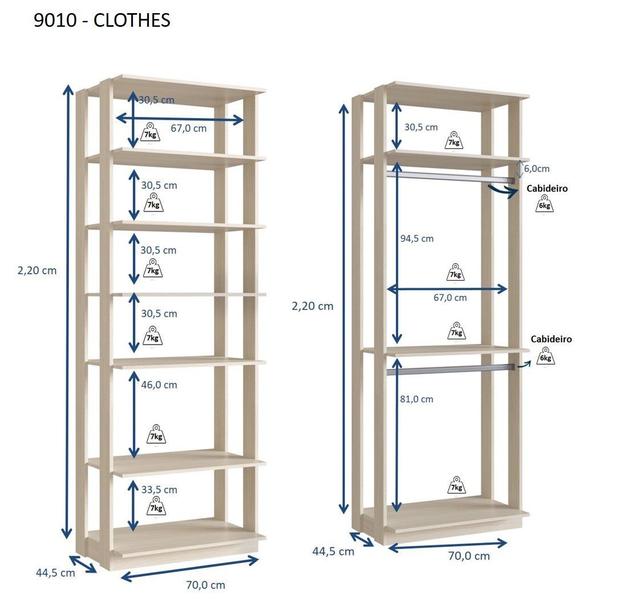 Imagem de Módulo para Closet 6 Prateleiras 2 Cabideiros Be Mobiliário