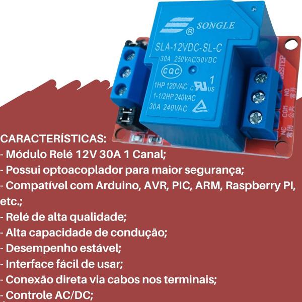 Imagem de Módulo Rele 1 Canal 12v 30a Sla-12vdc-sl-c Optoaclopador e Arduino