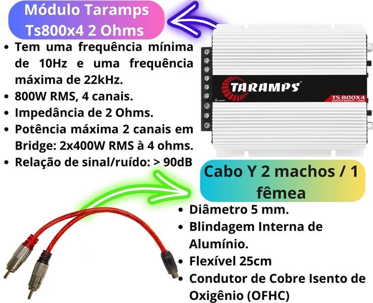 Imagem de Módulo Taramps TS800x4 2 Ohms + 2 Cabos Y KX3 Eco 2 Machos / 1 Fêmea