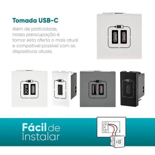 Imagem de Módulo Tomada USB-C 30W PD PIAL Plus+ Cinza Parede 615098CZ