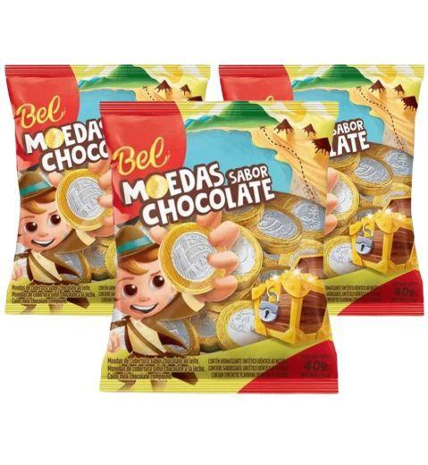 Imagem de Moedas sabor Chocolate Bel contendo 3 pacotes de 40g cada