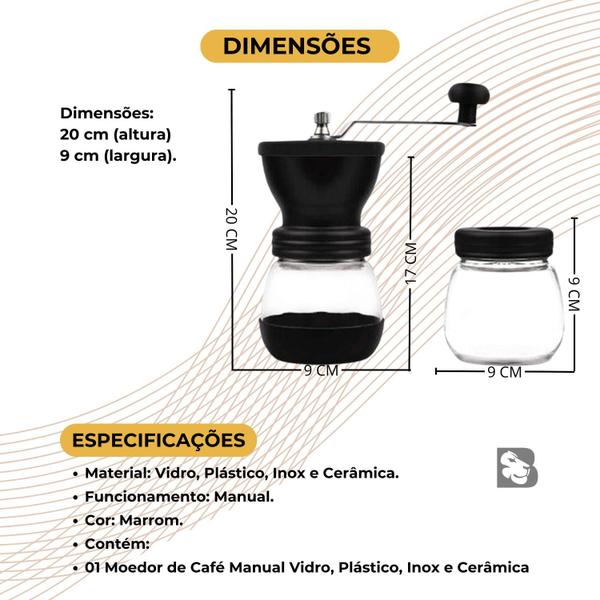 Imagem de Moedor De Café Cerâmica Portátil Manual Desmontável Regulagem Moinho 2 Copo de Vidro Grãos