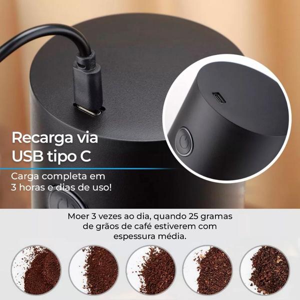 Imagem de Moedor de Café Elétrico Grão de Café Recarregável Portátil Ajuste Níveis de Moagem