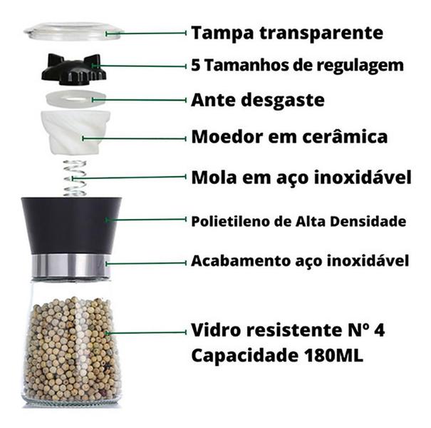 Imagem de Moedor De Pimenta Sal Tempero Saleiro Vidro e Inox 180ml