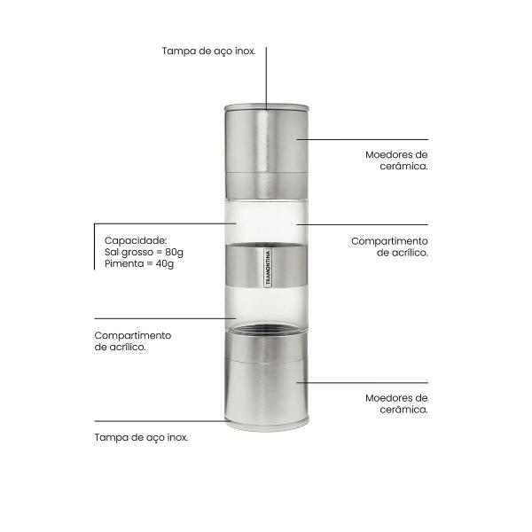 Imagem de Moedor de Sal e Pimenta Realce Duplo em Aço Inox e Acrílico 61655000 Tramontina