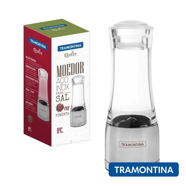 Imagem de Moedor Tramontina Para Sal e Pimenta Realce Triturador Temperos Gourmet Base Aço Inox e Acrilico Moinho em Ceramica