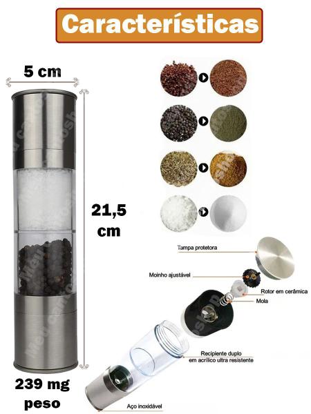 Imagem de Moedor Triturador Manual Em Aço Inox 2 Em 1 Sal Grosso Pimenta E Temperos Frescos 21,5cm