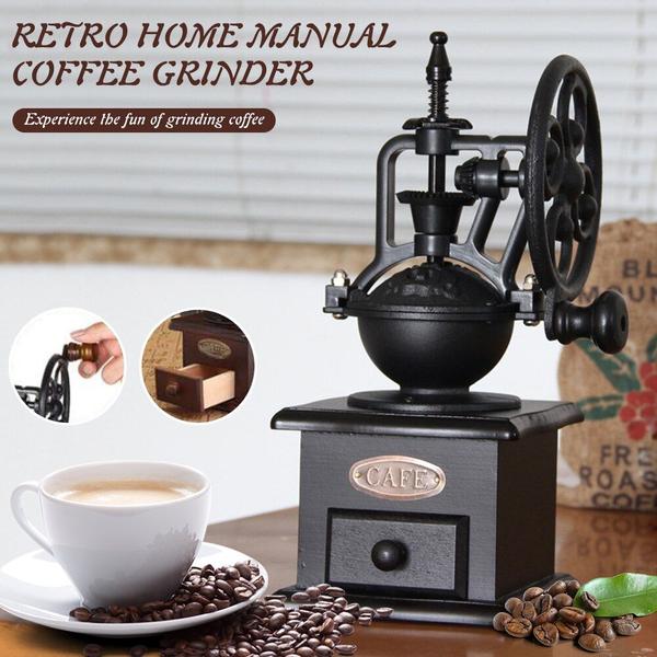 Imagem de Moer de café manual de madeira clássica Mão fundido ferro retrô de café artesanal Tempero Mini Burr Mill Grinders Cozinha Tool Moedores de café manuais