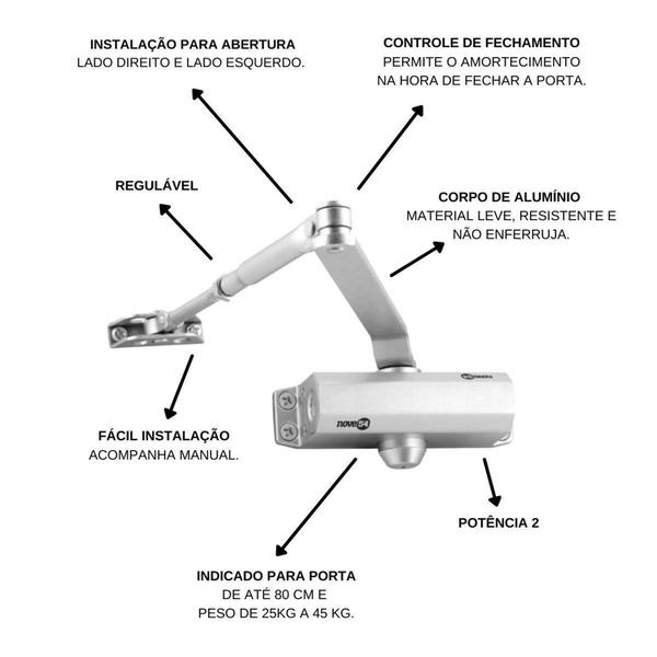 Imagem de Mola Aérea Porta Interna Externa 80cm 45Kg Hidráulica Automática Amortecedor Impacto NOVE54