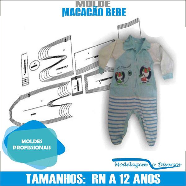 Molde Macacão bebê, Modelagem&Diversos, Tamanhos Rn A 12 anos Imagem de Molde Macacão bebê, Modelagem&Diversos, Tamanhos Rn A 12 anos