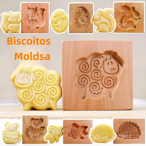 Imagem de Moldes de Biscoitos 3D em Madeira com Desenhos de Animais (Peixe, Pássaro, Urso, Ovelha)