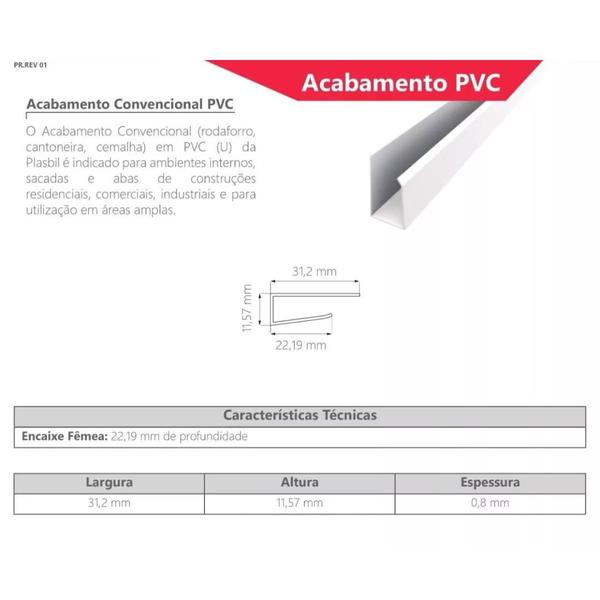 Imagem de Moldura ou Rodaforro Convencional em "U" de PVC Branco Kit C/ 20 Barras de 3m