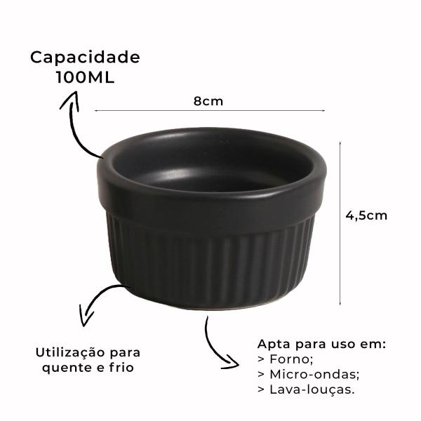 Imagem de Molheira Ramequim em Cerâmica Porta Patê Canelado Cumbuca Preto Matte Fosco 100ml