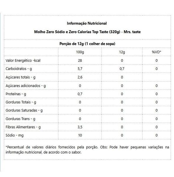 Imagem de Molho Baixo Sódio e Baixa Caloria Top Taste (320g) - Padrão: Único