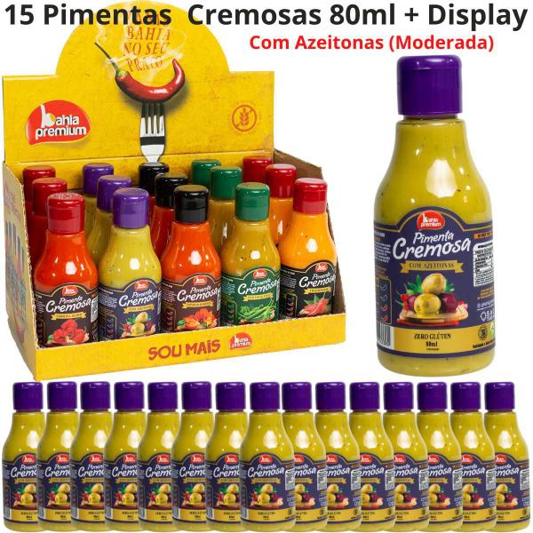 Molho Pimenta Cremosa Brasileira Com Azeitonas e Ervas Finas Intensa Display Bahia Premium Até 4 Sabores C/15un 80ml Imagem de Molho Pimenta Cremosa Brasileira Com Azeitonas e Ervas Finas Intensa Display Bahia Premium Até 4 Sabores C/15un 80ml