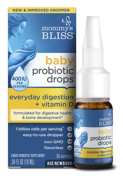 Imagem de Mommy's Bliss Baby Probitic Drops + Vitamin D - Gás, Prisão de Ventre, Alívio dos Sintomas de Cólica - Recém-Nascidos e Para Cima - Natural, Sem Sabor, Sem Sabor, 0,34 Fl Oz (BAB05563)