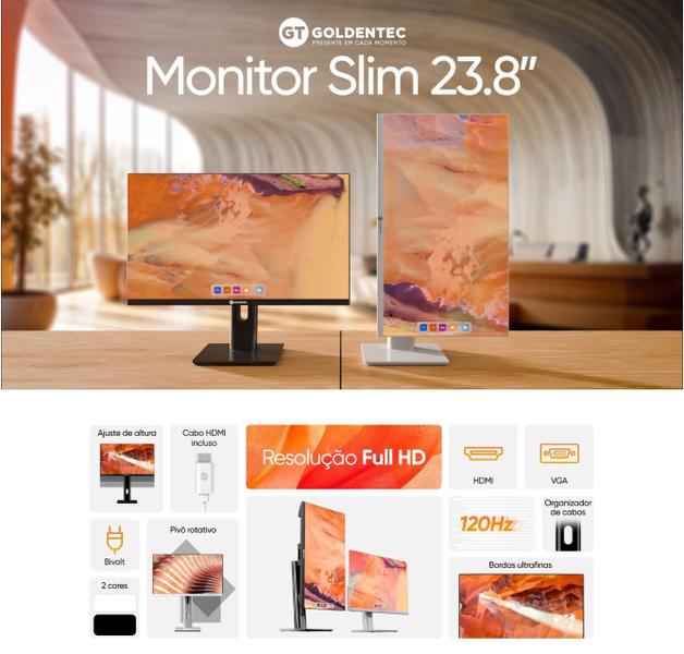 Imagem de Monitor 23,8 Led Fhd Giratório Goldentec 120hz Hdmi/vga Preto