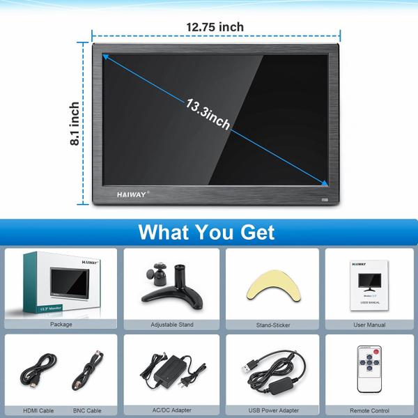 Imagem de Monitor de segurança Haiway 13,3 polegadas 1366x768 LED HDMI VGA AV BNC