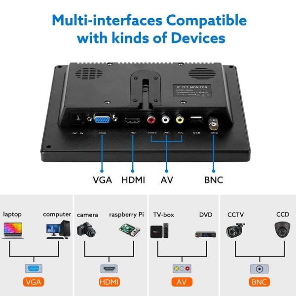 Imagem de Monitor Eyoyo HDMI LCD 1024x768 de 8 polegadas 4:3 com alto-falante