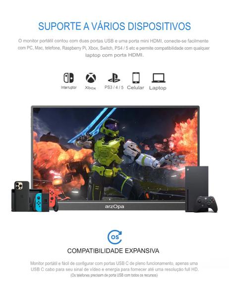 Imagem de Monitor Gamer Portátil 16.1" 144Hz IPS 1080P 100% sRGB FHD HDR Para Notebook, PC, Consoles Arzopa Z1FC