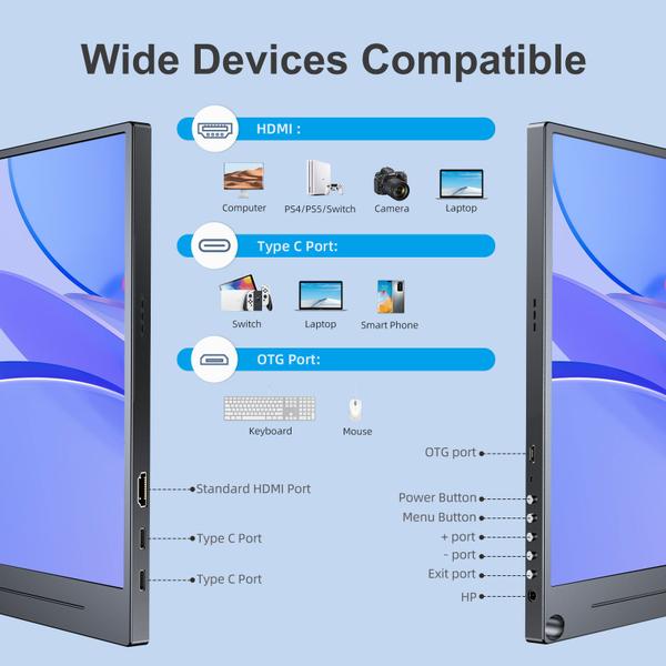 Imagem de Monitor portátil 15,6 1080P FHD HDMI, tela tipo C com VESA