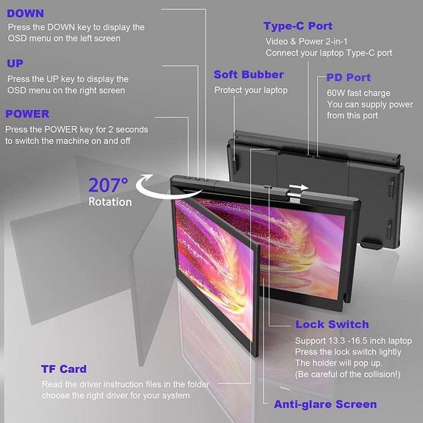 Imagem de Monitor Portatil para Notebook com Tela Dupla de 13.3" - Ofiyaa P2 Pro Tri Screen