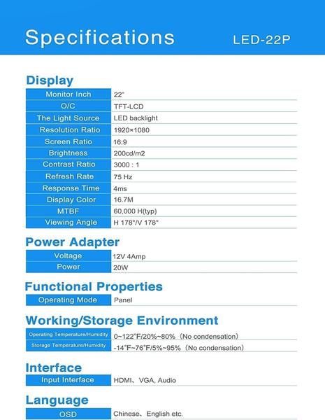 Imagem de Monitor Real HD de 22 polegadas 1080P LED HDMI VGA CCTV Security