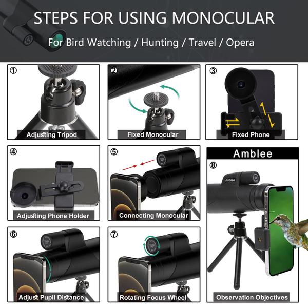 Imagem de Monocular Amblee 12x para adultos com adaptador/tripé para smartphone