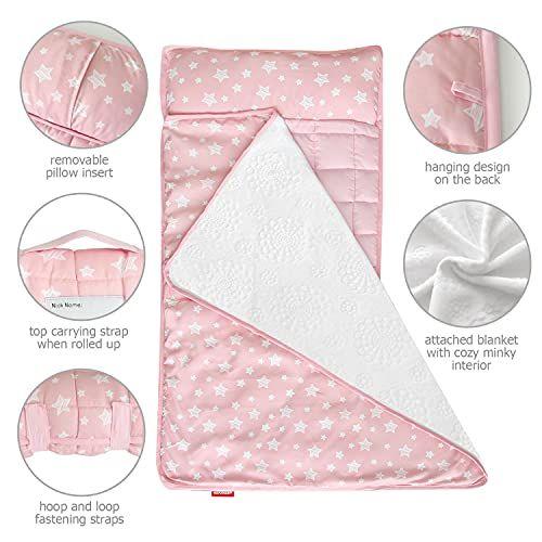 Imagem de Moonsea Toddler Nap Mat Rosa, Almofada Removível e Cobertor Minky Fleece, Leve e Suave Perfeito para Crianças Pré-escola, Creche, Saco de Dormir de Viagem para Meninas, 21 "x 50" Ajuste em um Berço Padrão