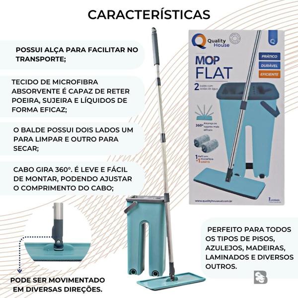 Imagem de Mop E Balde Lava E Seca Rodo Flat Profissional Com Tecido de Microfibra Absorvente Com 2 Refil