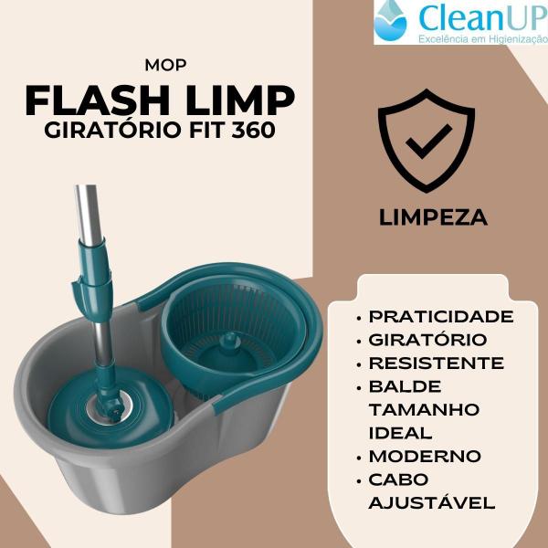 Imagem de Mop Esfregão Giratório Fit Com Balde E Refil Flash Limp Inox