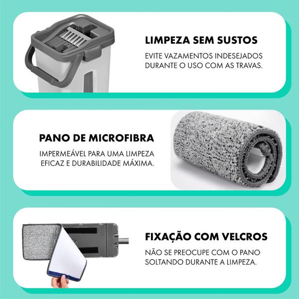 Imagem de Mop Flat Multiuso Lava e Seca 360º Balde Vertical 8 Litros com 4 Refis Extras de Microfibra