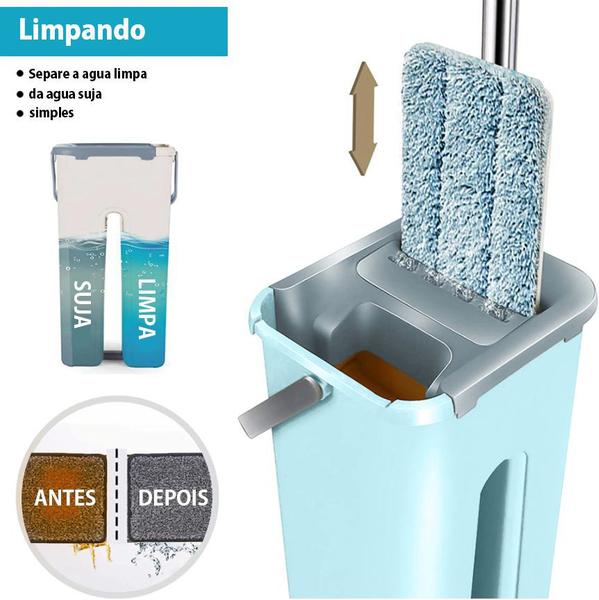 Imagem de Mop Flat Tira Pó Esfregão Com Balde Lava E Seca Mopwash + Refil Extra Microfibra