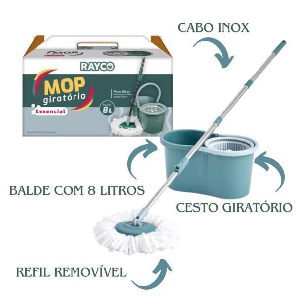 Imagem de Mop Giratório Esfregão Com Balde 8 Litros Cabo Inox Refil Microfibra