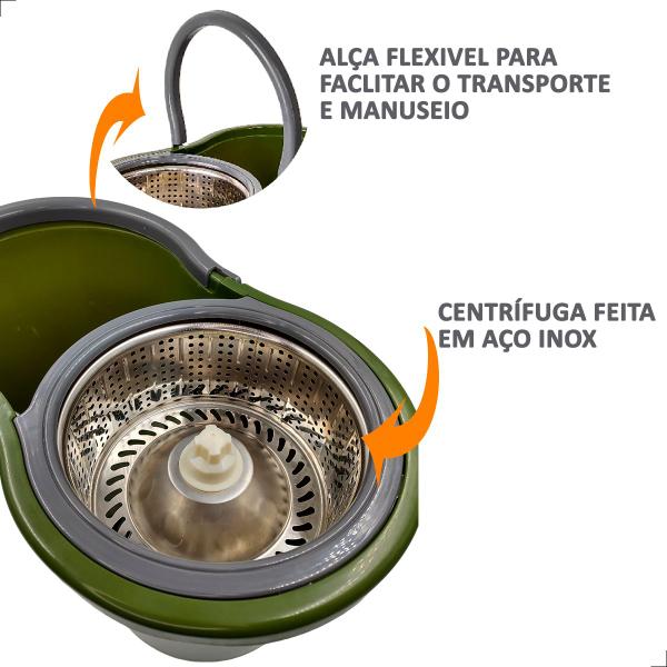 Imagem de Mop INMA Esfreguette Giratório 8L 360 Cesto Inox 3 em 1 Para Limpeza Esfregão Limpa Chão Balde Com Centrifuga + 3 Refis 