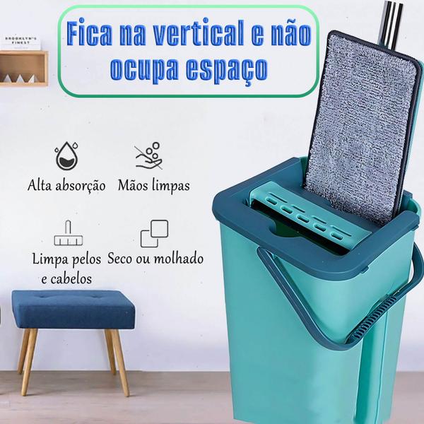 Imagem de Mop Rodo Esfregão Flat 360 Com Balde 2 Refil Não Arranha Limpa Piso Janela