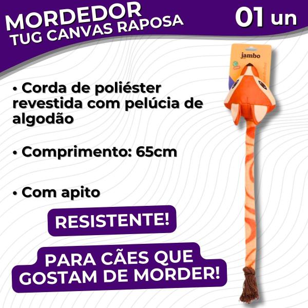 Imagem de Mordedor de Pelúcia Corda e Apito Brinquedo Tug Canvas Raposa Para Cães 65cm Resistente - Jambo Pet