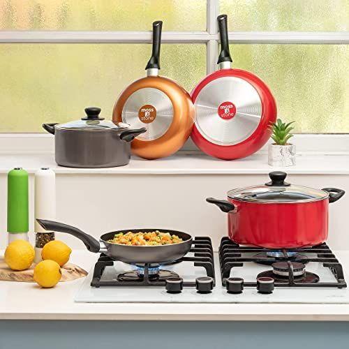 Imagem de Moss & Stone 3 Piece Nonstick Cookware Set, panelas e frigideiras de alumínio com utensílios de cozinha, panelas e frigideiras com tampa de vidro, vermelho