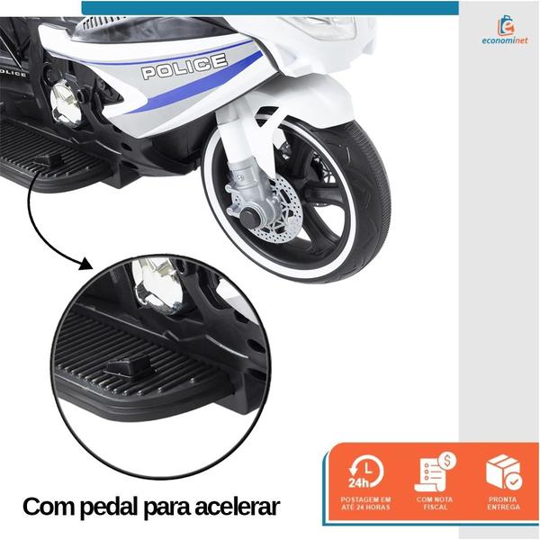 Imagem de Moto Elétrica Infantil 3 Rodas Triciclo Passeio 12v Bivolt Até 25 Kg Motocicleta Motorizado Para Criança Som E Luzes Acelarador Pedal Usb Mp3 Policia