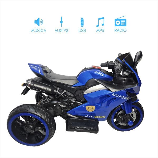 Imagem de Moto Eletrica Infantil Azul Mini Motoca Musical Auxiliar P2