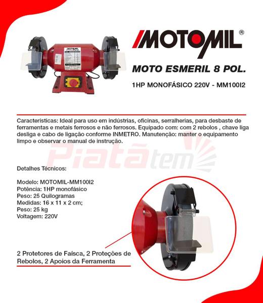 Imagem de Moto Esmeril Industrial de Bancada 1cv 220v 8' X 1' X 5/8' Mm-100i - Motomil