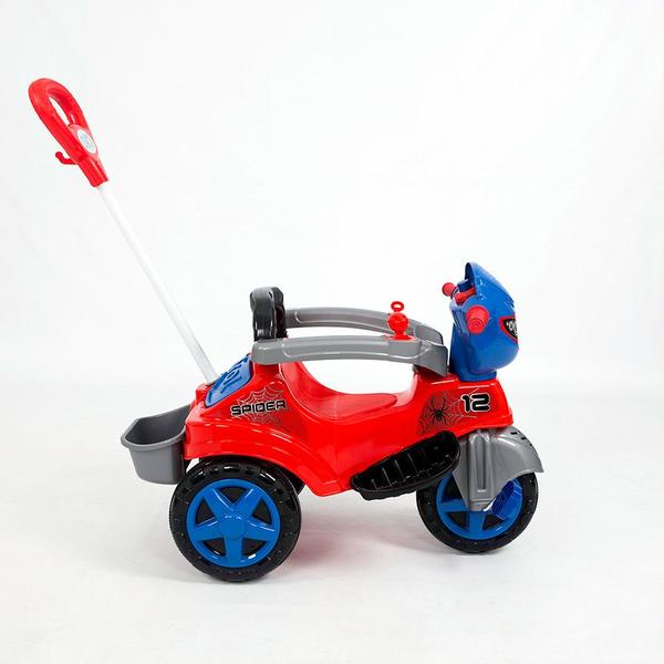 Imagem de Motoca Infantil Velotrol Triciclo Vermelho Homem Aranha spider Carrinho de Passeio Para Bebê Criança Proteção Empurrador