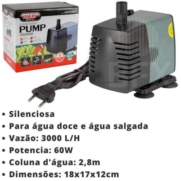 Imagem de Motor Bomba Submersa Aquario Lagos e Fontes Aleas HM-6081 Vazão 3000 L/H Coluna D'agua 3M - 110V