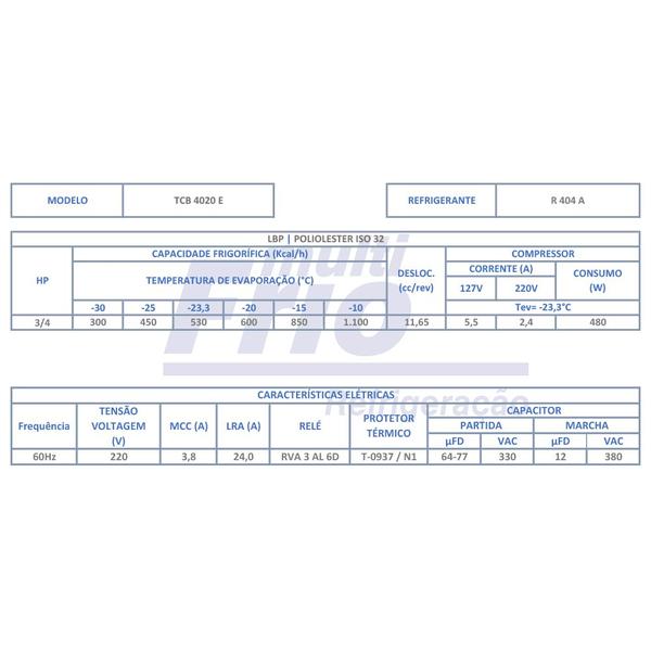 Imagem de Motor Compressor Elgin 3/4 HP - TCB 4020 E - R404A - 220V - 60Hz - Baixa