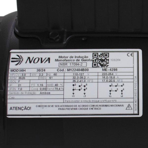 Motor Elétrico 3CV Monofásico Alta Rotação 2 Polos 2P 110V 220V Indução Compressor Serra Lixadeira - NOVA MOTORES Imagem de Motor Elétrico 3CV Monofásico Alta Rotação 2 Polos 2P 110V 220V Indução Compressor Serra Lixadeira