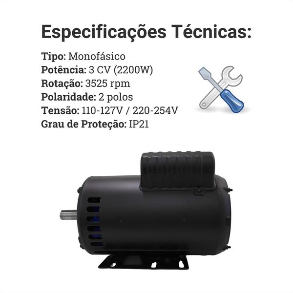 Motor Elétrico 3CV Monofásico Alta Rotação 2 Polos 2P 110V 220V Indução Compressor Serra Lixadeira - NOVA MOTORES Imagem de Motor Elétrico 3CV Monofásico Alta Rotação 2 Polos 2P 110V 220V Indução Compressor Serra Lixadeira