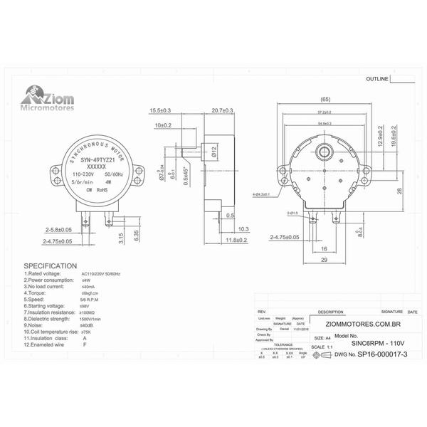 Imagem de Motor Elétrico 98V 2.5RPM 3RPM 40mA 110V ou 220V